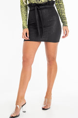 Black Faux Croc Ruffle Waist Belted Skirt - Susie