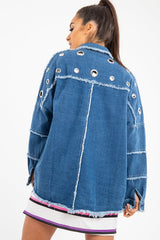Mid Wash Denim Frayed Eyelet Detail Jacket - Daytona