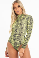 Lime Snake Print High Neck Long Sleeve Bodysuit - Evanna