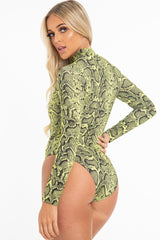 Lime Snake Print High Neck Long Sleeve Bodysuit - Evanna