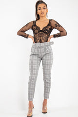 Grey Tartan Belted Tailored Trousers - Celena