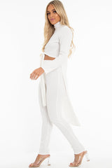 White Rib Asymmetric Tie Front Top Legging Loungewear Co-Ord - Sasha