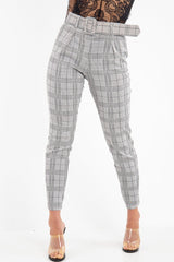Grey Tartan Belted Tailored Trousers - Celena
