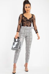 Grey Tartan Belted Tailored Trousers - Celena