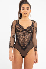 Black Sheer Lace Cup Long Sleeve Bodysuit - Izela