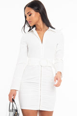 White Button Zip Detail Belted Shirt Dress - Arabelle