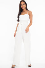 White Strapless Belted Pleated Wide Leg Jumpsuit - Jasmine