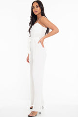 White Strapless Belted Pleated Wide Leg Jumpsuit - Jasmine