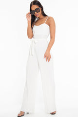 White Strapless Belted Pleated Wide Leg Jumpsuit - Jasmine