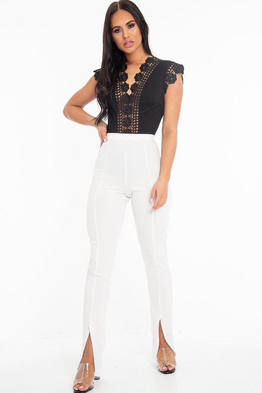Black Plunge Crochet Insert Cap Sleeve Bodysuit - Zahida