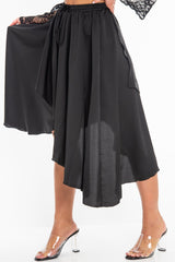 Black Satin Wrap Drawstring Waist Midi Skirt - Scarlett