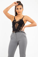 Black Fishnet Floral Lace Strappy Mesh Bodysuit - Hallee