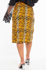 Orange Tiger Print Split Front Midi Skirt - Jayne