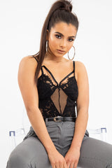 Black Fishnet Floral Lace Strappy Mesh Bodysuit - Hallee