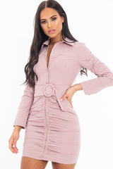 Dusky Pink Button Zip Detail Belted Shirt Dress - Arabelle