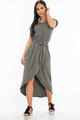 Khaki Scoop Neck Belted Wrap Maxi Dress - Allie