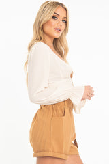 Beige Woven Plunge Button Front Crop Blouse - Katerina