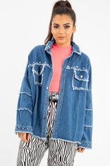 Mid Wash Denim Frayed Studded Detail Jacket - Ashira
