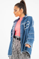 Mid Wash Denim Frayed Studded Detail Jacket - Ashira