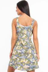 Blue Tropical Print Button Front Midi Dress - Nisha