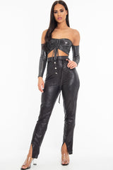Black Coated Button Front Belted Skinny Trousers - Jade