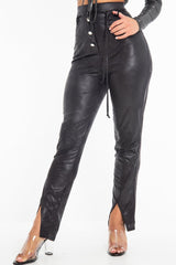 Black Coated Button Front Belted Skinny Trousers - Jade