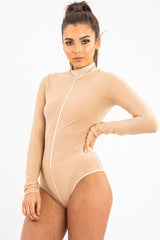 Beige Turtle Neck All Over Mesh Bodysuit - Makeila