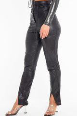 Black Coated Button Front Belted Skinny Trousers - Jade