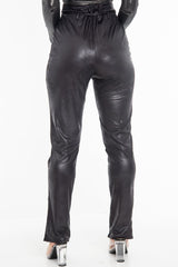 Black Coated Button Front Belted Skinny Trousers - Jade