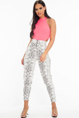 White Snake Print Faux Leather Ring Zip Trousers - Alexus