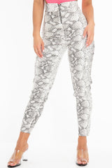 White Snake Print Faux Leather Ring Zip Trousers - Alexus