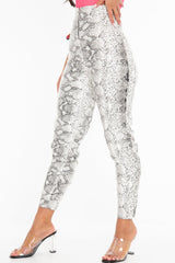 White Snake Print Faux Leather Ring Zip Trousers - Alexus