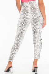 White Snake Print Faux Leather Ring Zip Trousers - Alexus