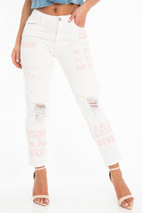 White Pink Graffiti Slogan Print Mom Jeans - Rosy