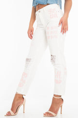 White Pink Graffiti Slogan Print Mom Jeans - Rosy