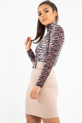 Nude Long Sleeve Tiger Print Bodysuit - Reylee