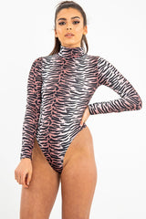 Nude Long Sleeve Tiger Print Bodysuit - Reylee
