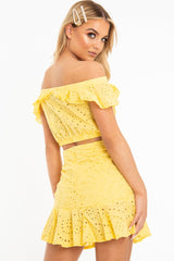 Yellow Broderie Lace Bardot Crop Top Skirt Co-Ord - Dahlia