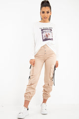 Beige Popper Front Buckle Detail Cargo Trousers - Gabriella