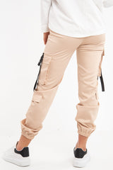 Beige Popper Front Buckle Detail Cargo Trousers - Gabriella