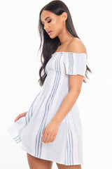 White Blue Stripe Shirred Bardot Woven Mini Dress - Artemis