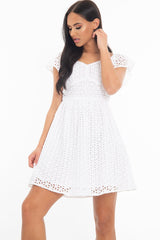 White Broderie Off Shoulder Skater Mini Dress - Lyssa