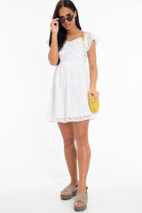 White Broderie Off Shoulder Skater Mini Dress - Lyssa