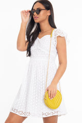 White Broderie Off Shoulder Skater Mini Dress - Lyssa