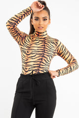 Orange Long Sleeve Tiger Print Bodysuit - Reylee
