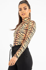 Orange Long Sleeve Tiger Print Bodysuit - Reylee