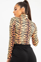 Orange Long Sleeve Tiger Print Bodysuit - Reylee