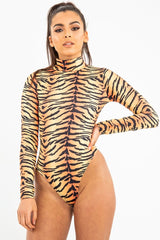 Orange Long Sleeve Tiger Print Bodysuit - Reylee