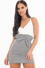White Houndstooth Belted Paper Bag Waist Dress - Marnie