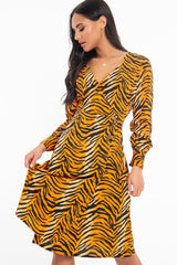 Orange Tiger Print Plunge Wrap Button Front Midi Dress - Bettie